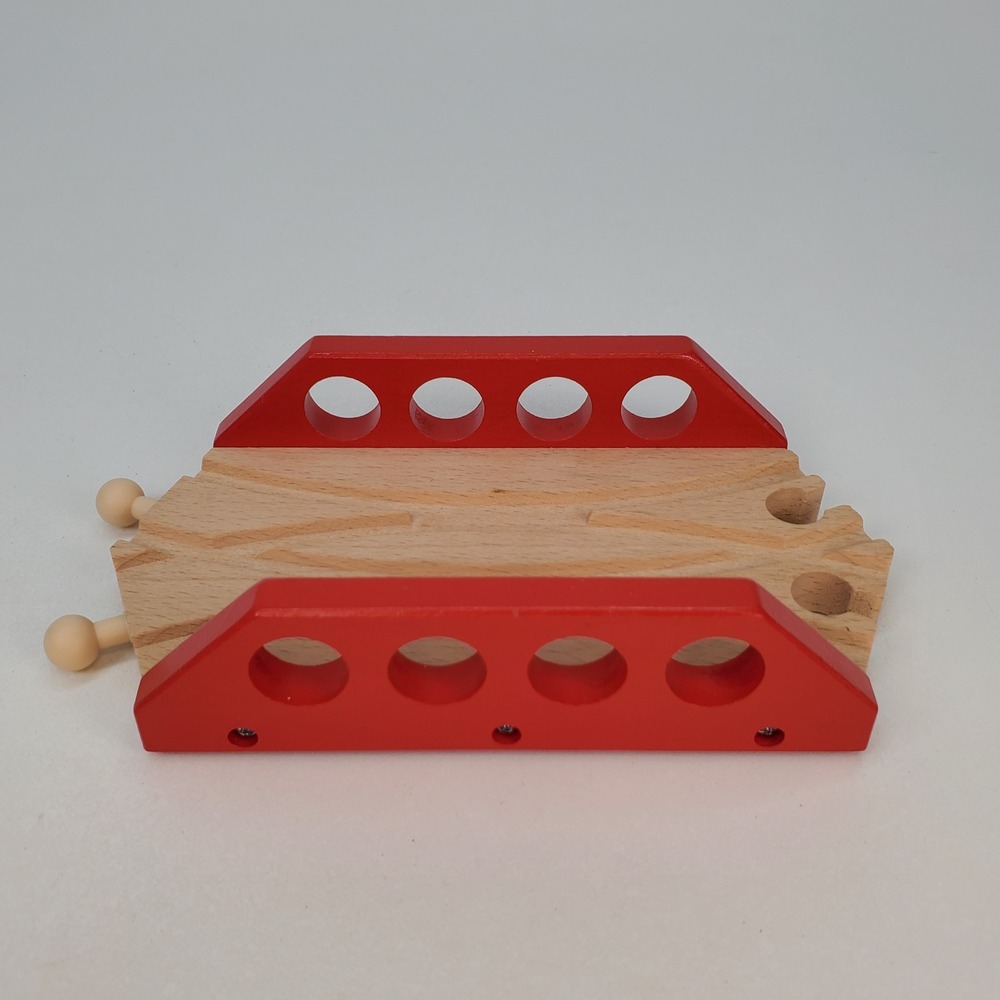 Wooden Railway Double Track Bridge Red Railing Train Set Accessory - Picture 2 of 7